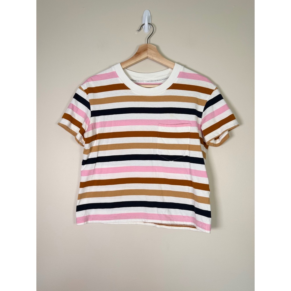 Madewell Womens XS Striped Pocket Tee Pink Brown Navy Crew Neck Short Sleeve Top - Picture 2 of 9